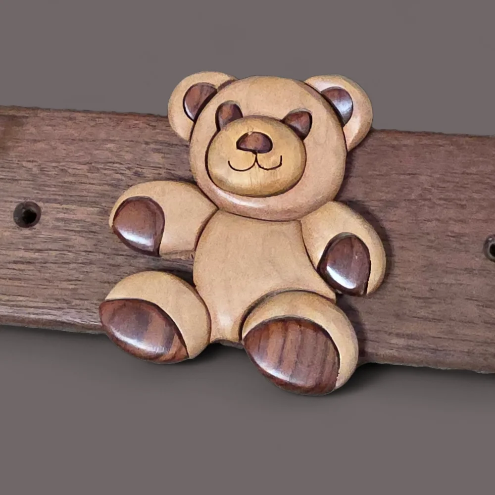 Vintage 90s Intarsia Wood Teddy Bear Wall Hook Rack – Earthwood Artisans, 11x2.5